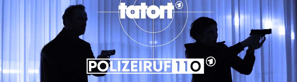 Nina Rubin (Meret Becker, re.) und Robert Karow (Mark Waschke); Logo von "Tatort" und "Polizeiruf 110" (Quelle: rbb/Frédéric Batier)