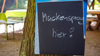 Symbolbild:in Schild mit der Aufschrift "Mueckenspray hier!" haengt an einer Gastwirtschaft im Museumsdorf Lehde im Spreewald. (Quelle:picture alliance/dpa-Zentralbild/A.Franke)