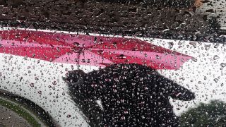 Regenschirm spiegelt sich auf einem Autodach im Regen, Foto: colourbox.de