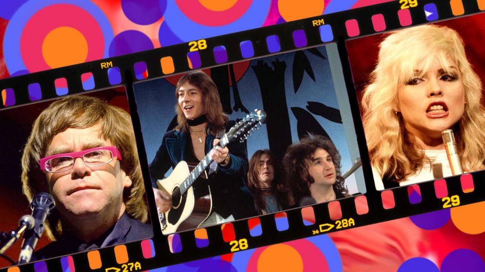 Montage: Elton John, Smokie, Blondie im Filmstreifen (Quelle: rbb/Imago images/United Archives)