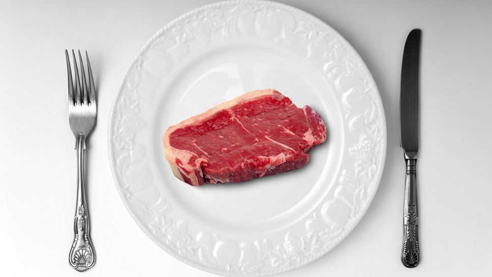 Ein rohes Stück Fleisch liegt auf einem Teller (Quelle: imago/Science Photo Library)