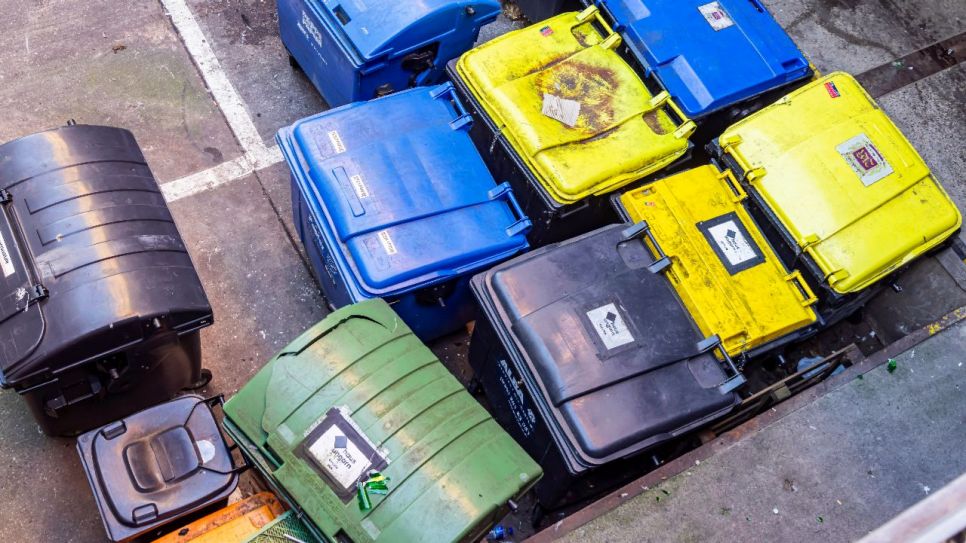 Verschiedene Müllcontainer in einem Berliner Hinterhof (Quelle: imago images / Arnulf Hettrich)