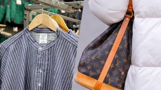 Eine Fotocollage, auf der einen Seite Kleidung in einem Laden für Berufsbekleidung, auf der anderen eine Frau mit einer Louis-Vuitton-Tasche (Quelle: imago images/Funke Foto Services/Michael Gstettenbauer)