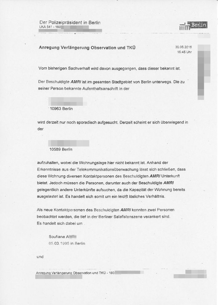 Dokumente zur Überwachung von Anis Amri der Berliner Polizei (Quelle: rbb/chuckberry)