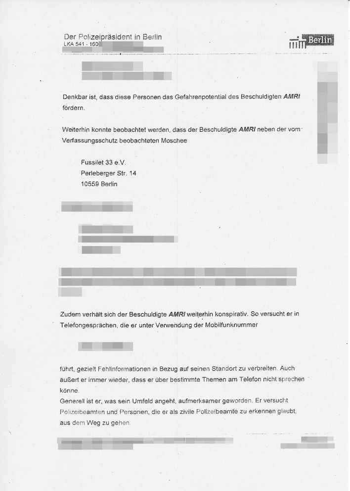 Dokumente des Polizeipräsidenten Berlins zur Überwachung von Anis Amri (Quelle: rbb)