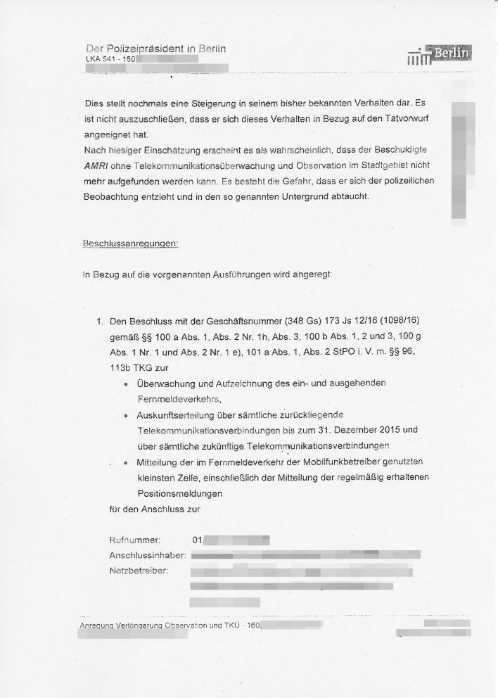 Dokumente des Polizeipräsidenten Berlins zur Überwachung von Anis Amri (Quelle: rbb)