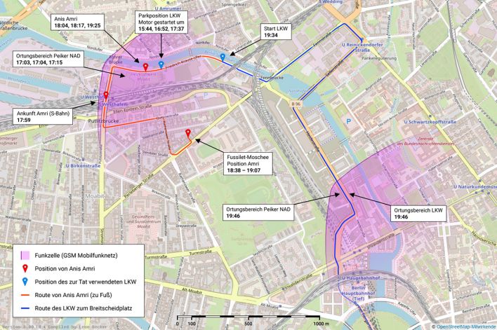Karte: rbb24 Recherche - Ermittlungspanne Breitscheidplatz (Quelle: OpenStreetMap / Grafik: Leon Becker)