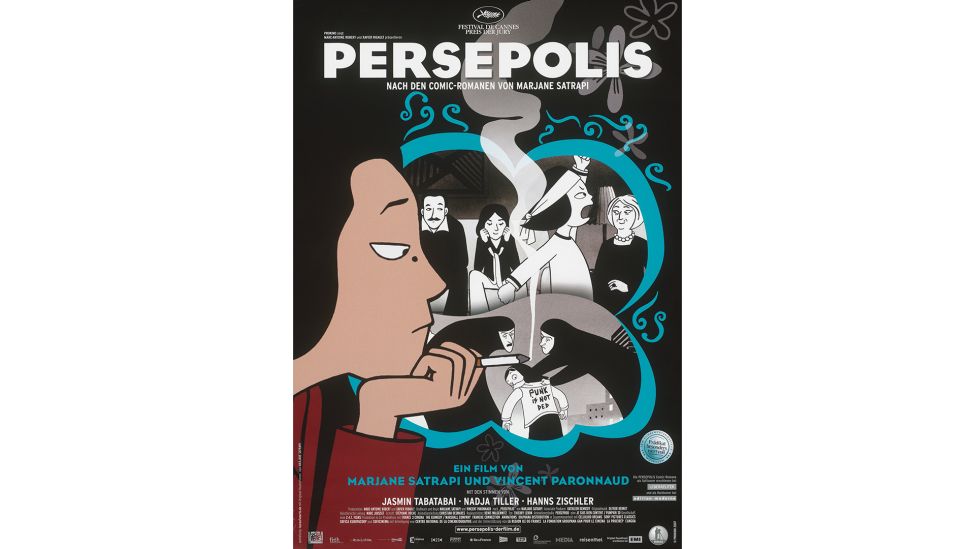 Filmplakat: Isaraufwärts (Illustrationen Marjane Satrapi), Persepolis, 2007. (Quelle: Staatliche Museen zu Berlin, Kunstbibliothek / Dietmar Katz)