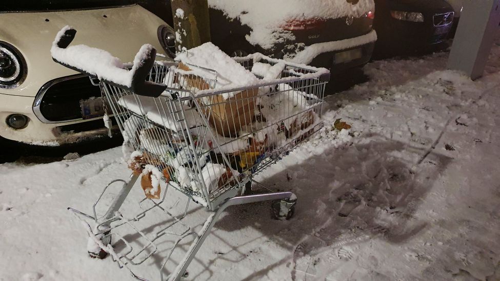 Ein abgestellter Einkaufswagen auf der Straße ist mit Schnee bedeckt.(Quelle:rbb/S.Oberwalleney)
