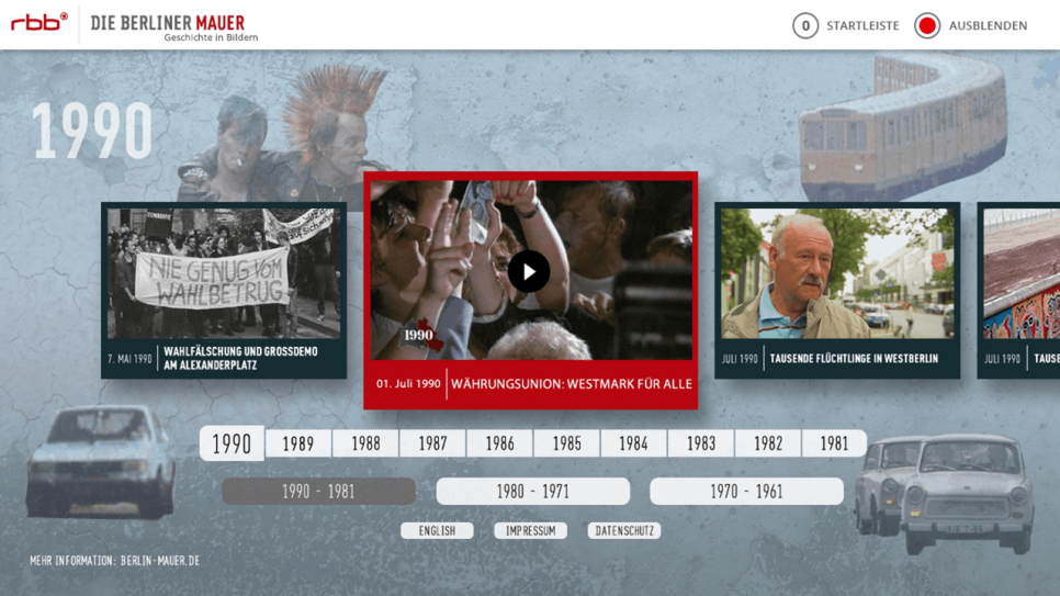 Ein Screenshot der Startseite der HbbTV-App "Berliner Mauer - Geschichte in Bildern" (Bild: rbb Innovationsprojekte)