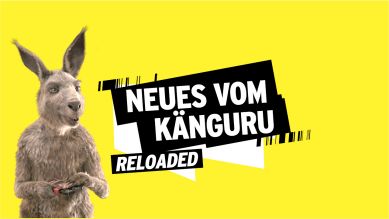 Ein Känguru auf gelbem Hintergrund, auf dem steht: Neues vom Känguru reloaded (Grafik: Lena Dickmann | finetype)