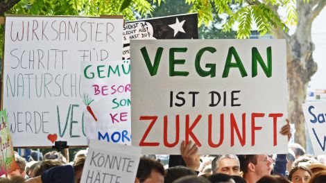 Demonstranten beim Global Climate Strike mit hochgehaltenem Papierschild mit der Aufschrift Die Zukunft ist vegan © picture alliance/ imageBROKER/ Firn