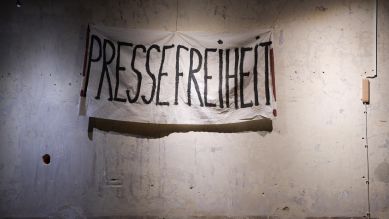 Pressefreiheit – Transparent mit der Aufschrift Pressefreiheit © dpa/Jörg Carstensen