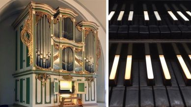 Amalien-Orgel in Berlin-Karlshorst – Prospekt und Klaviatur; © Ulrike Jährling
