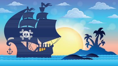 Grafik Piratenschiff und Insel im Sonnenuntergang; © Colourbox