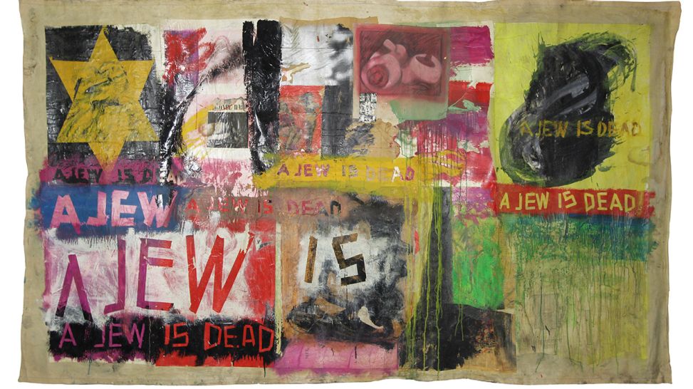 Boris Lurie: A Jew is Dead, 1964, Farbe und Papiercollage auf Leinwand © Boris Lurie Art Foundation