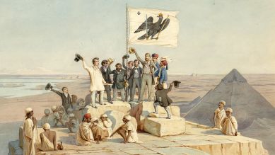 Die Mitglieder der Expedition auf der Cheops-Pyramide, Aquarell, Johann Jakob Frey und Max Weidenbach, Oktober 1842; © Staatliche Museen zu Berlin, Kupferstichkabinett