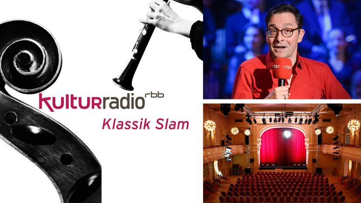 kulturradio Klassik Slam: Logo, Moderator Christian Schruff (© Oliver Ziebe) und Saal im Heimathafen Neukölln (© Heimathafen)