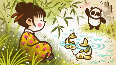 Bunte Zeichnung: ein Mädchen sitzt am Fluss-Ufer, im Teich schwimmen zwei Fische, gegenüber ein winkender Panda (Quelle: rbb/OHRENBÄR/Nina Dulleck)