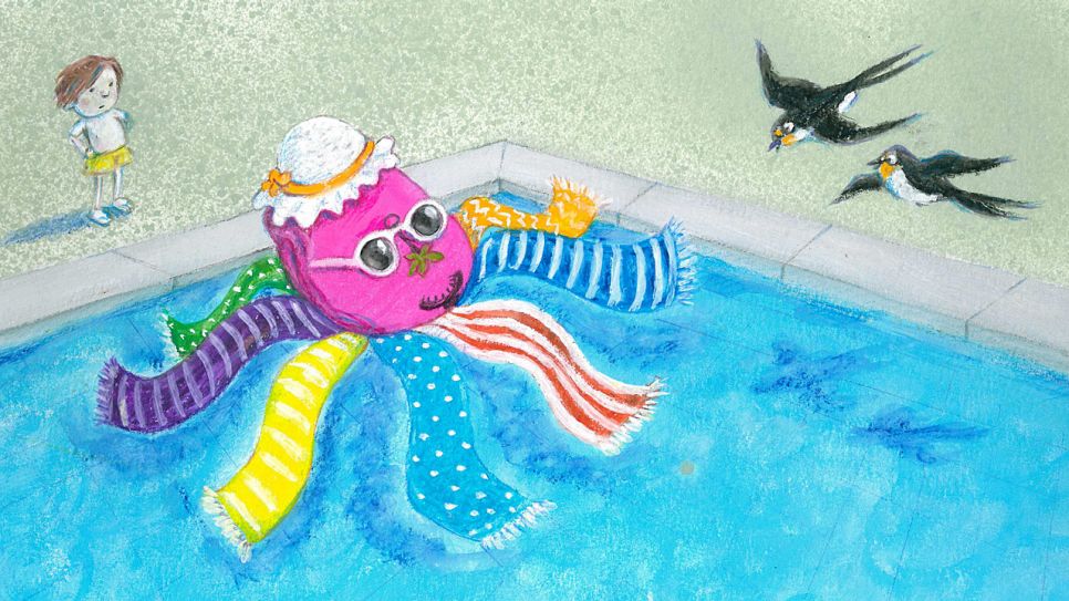 Bunte Zeichnung: ein Junge am Beckenrand eines Freibades, im Wasser eine bunte Krake aus Schals, Mütze, Brille, Schlüssel ... (rbb/OHRENBÄR/Fariba Gholizadeh)
