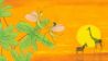 Bunte Zeichnung: zwei Eintagsfliegen auf einem Blatt, im Hintergrund Abendstimmung mit untergehender Sonne, davor Zebra und Giraffe (rbb/OHRENBÄR/Fariba Gholizadeh)