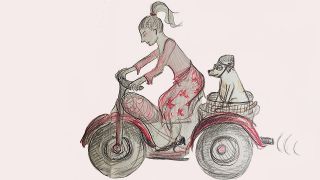 Bunte Skizze: Ein Motorrad, darauf eine Frau mit Zopf und ein Hund im Korb mit Helm und Brille (Quelle: Susanne Friedmann)
