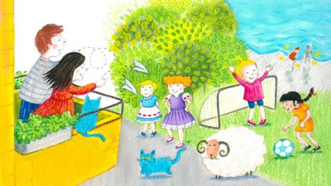 Bunte Bildcollage: Erwachsene werfen Papierflieger vom Balkon, zwei Mädchen davor, zwei blaue Katzen, ein Schaf; Kinder spielen Fußball und zwei Kinder am Strand (Quelle: rbb/OHRENBÄR/Fariba Gholizadeh)