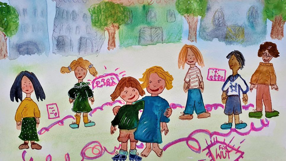Bunte Zeichnung: Kinder auf einer bemalten Straße, im Hintergrund Häuser und Bäume (Quelle: Karen Matting)