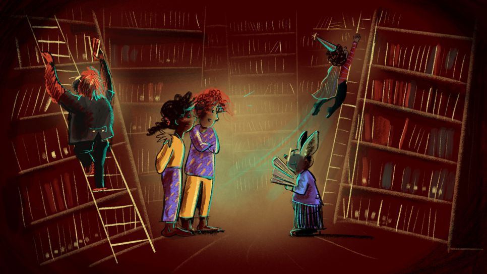 Bunte Zeichnung: eine magische Szene in einer großen Bibliothek mit außergeöhnlichen Bibliothekaren (Quelle: rbb/OHRENBÄR/Stephanie Brittnacher)