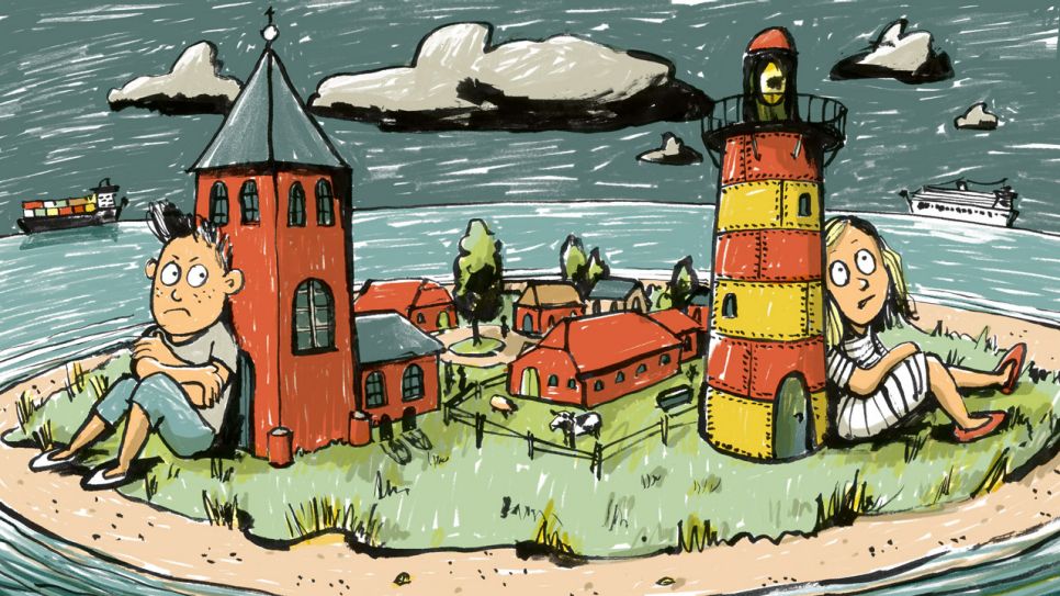 Bunte Zeichnung: ein Junge und ein Mädchen auf einer Insel, dunkle Wolken drumherum, sie lehnen an einer kleinen Kirche bzw. an einem kleinen Leuchtturm (Quelle: rbb/OHRENBÄR/Horst Klein)