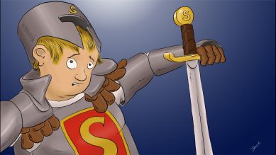 Zeichnung vom Sprecher der Hörgeschichte, Boris Aljinovic: Prinz Wendelin in Ritterrüstung, hält ängstlich ein Schwert (Quelle: Boris Aljinovic)