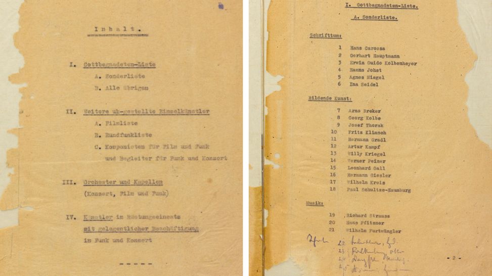Die Liste der "Gottbegnadeten; hier: Auszug aus der "Gottbegnadeten-Liste", Berlin, September 1944; © Bundesarchiv Berlin, R 55/20252a, Bl. 1 und Bl. 2