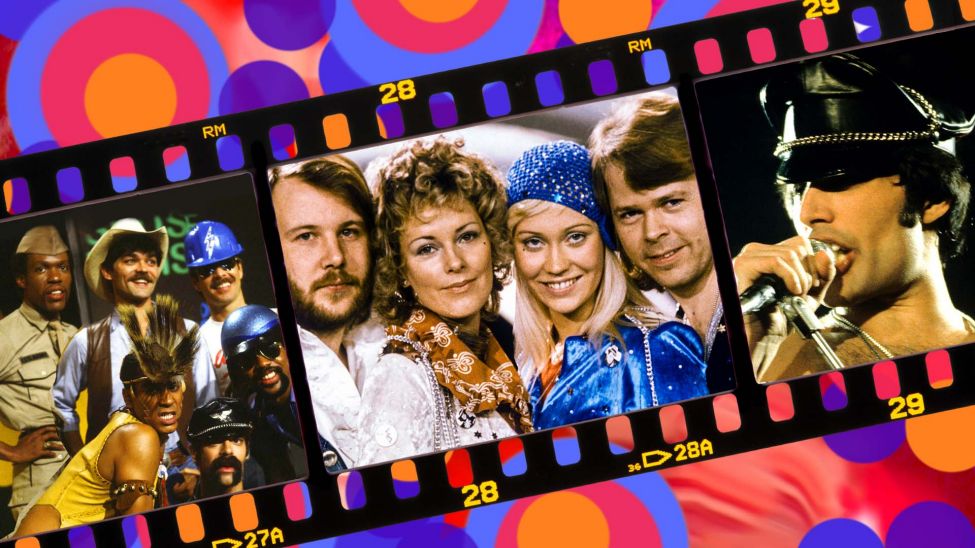 Montage: Village Peopl, ABBA, Freddy Mercuruye im Filmstreifen (Quelle: rbb/Imago images/PA Images/United Archives/Imago/TT)