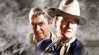 James Stewart und John Wayne vor Rauchschwaden; Bild zum Film: "Der Mann, der Liberty Valance erschoss", Quelle: rbb/Degeto/© by Paramount Pictures. All Rights Reserved