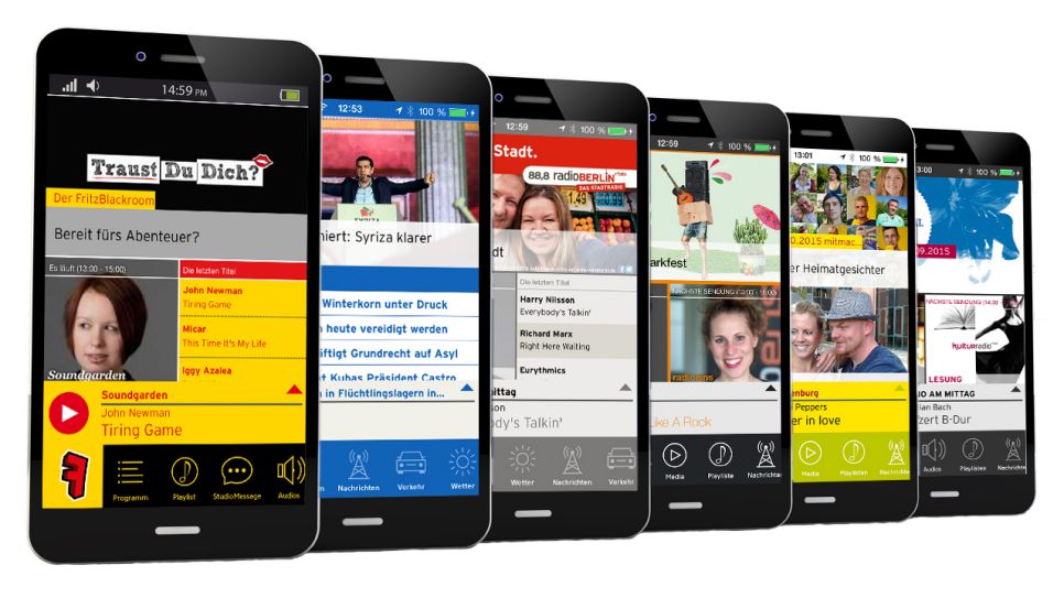 Sechs iPhones zeigen die sechs Radio-Apps des rbb (Montage: rbb/Colourbox/Nicklisch)