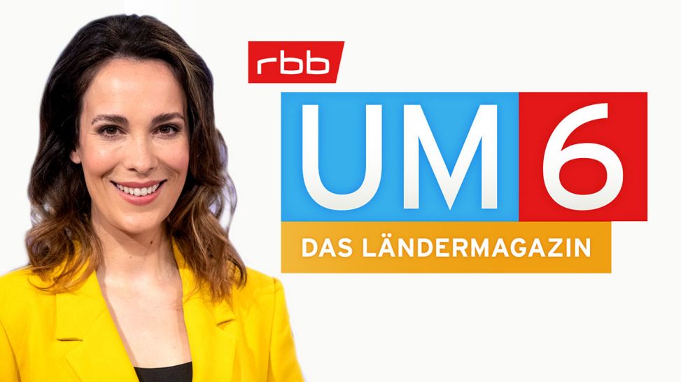 Moderatorin Alina Stiegler vor Logo rbb UM6 (Quelle: (Foto: rbb/Oliver Ziebe)