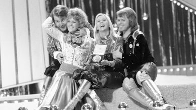 Abba beim Eurovision Song Contest in England am 6. April 1974. Quelle: AP Photo/Robert Dear