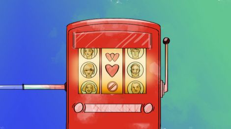 Grafik: Spielautomat mit Mann, Frau und Herz, Bild: rbb/LABO M