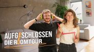 Aufgeschlossen - Die Roomtour Keyvisual, Henrik mit Ohrenschützern und Vera mit Zollstock, Bild: rbb