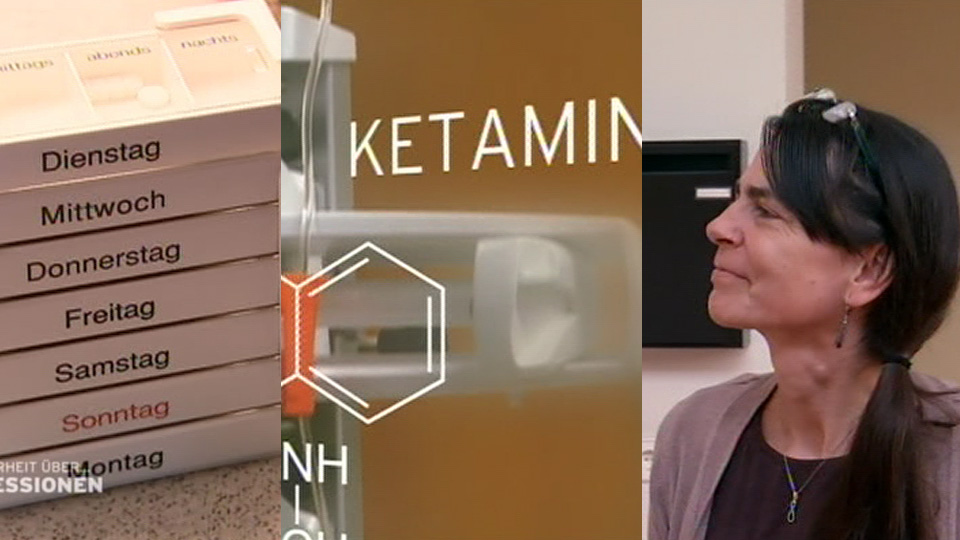 Collage: Tablettendöschen, Ketamin und Frau (Quelle: rbb)