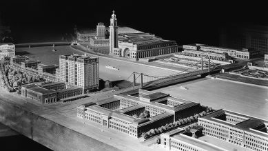 Modellansicht der Donauuferbebauung mit Blick auf das geplante Gauforum, Februar 1945 © rbb/Archiv der Stadt Linz