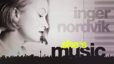 Fotomontage: Inger Nordvik über schwarzer Silhouette von Berlin mit Schriftzug "she's music" (Bild: rbb/Charles Mignot/colourbox.com)