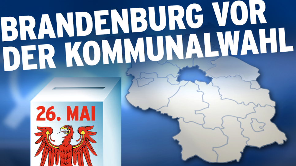 Wahlurne und eine Karte, auf der die Landkreise von Brandenburg eingezeichnet sind, Schriftzug "Brandenburg vor der Kommunalwahl" (Quelle: rbb)