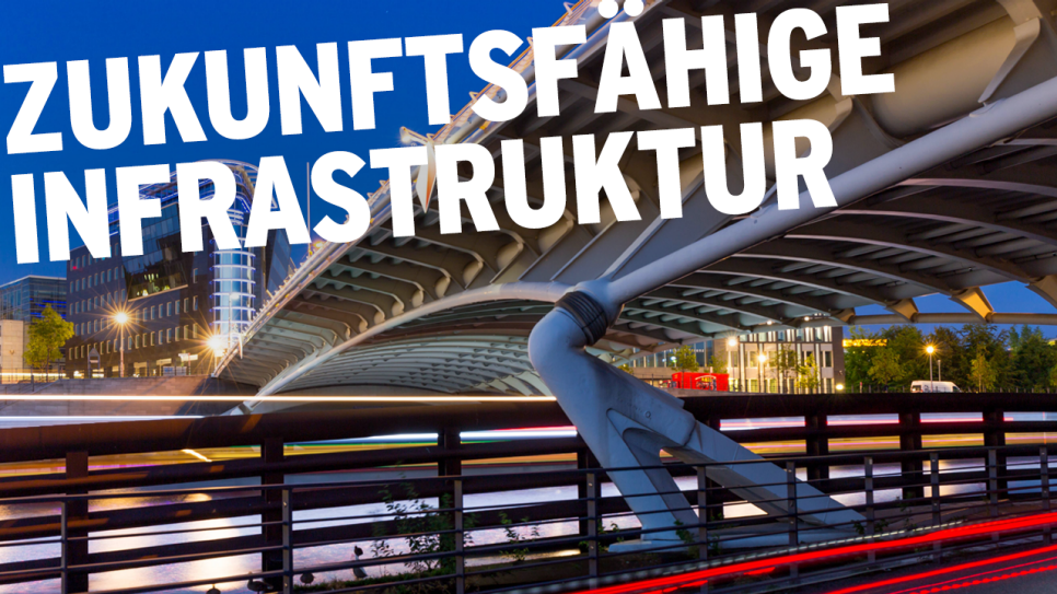 Kronprinzenbrücke über die Spree in Berlin; Schriftzug "Zukunftsfähige Infrastruktur" (Quelle: Foto: imago/Photocase; Montage: rbb)