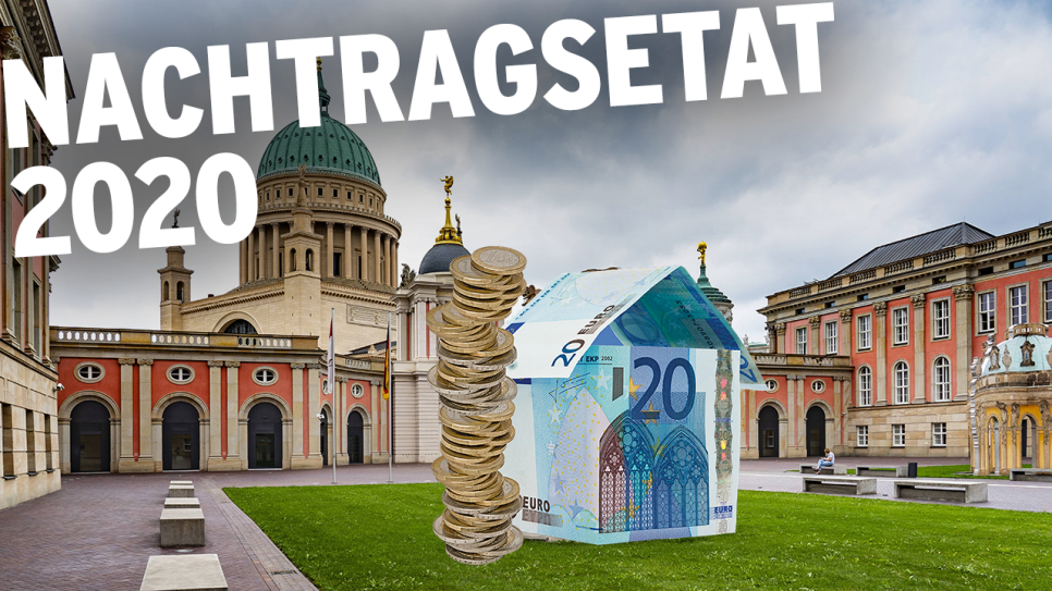Landtag Brandenburg mit Haus aus Geld (Quelle: imago images / Hohlfeld / rbb, Fotomontage)