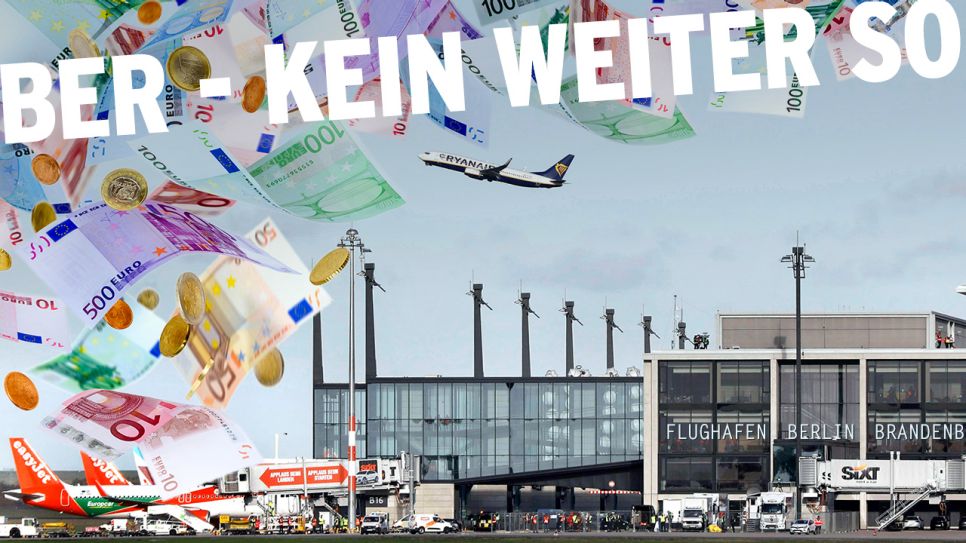 Collage: Im Hintergrund BER mit startendem Flugzeug, in Vordergrund fliegende Geldscheine (Quelle: rbb/imago images/Jochen Eckel)