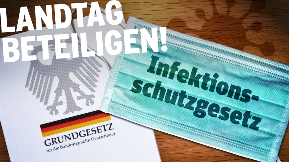 Grafik: Grundgesetz und Maske mit Schrift "Infektionsschutzgesetz" (Quelle: rbb; imago images/Christian Ohde)