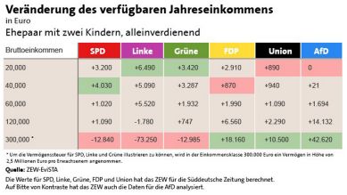 Veränderung des verfügbaren Jahreseinkommens in Euro. Die Werte für SPD, Linke, Grüne und Unionhat das ZEW für die Süddeutsche Zeitung berechnet. Auf Bitte von Kontraste hat das ZEW auch die Daten für die AfD analysiert.Bild: ZEW-EviSTA