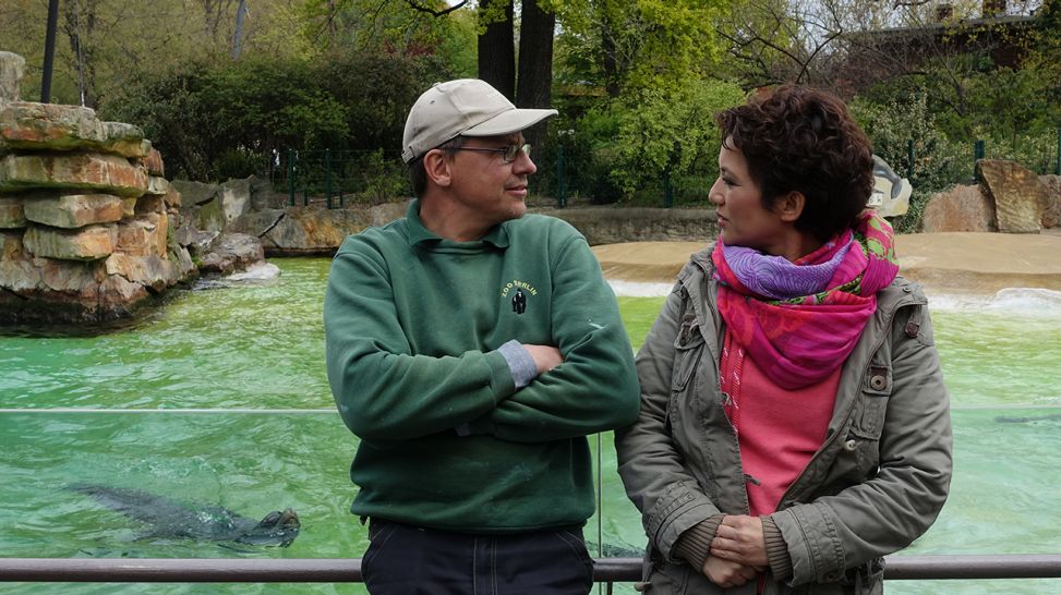 Zoo - Norbert Zahmel und Madeleine Wehle mit Seelöwenbulle Enzo (Quelle: Thomas Ernst/ Dokfilm)
