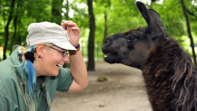 Tierpflegerin Annett Krüger mit einem Lama, Foto: Thomas Ernst